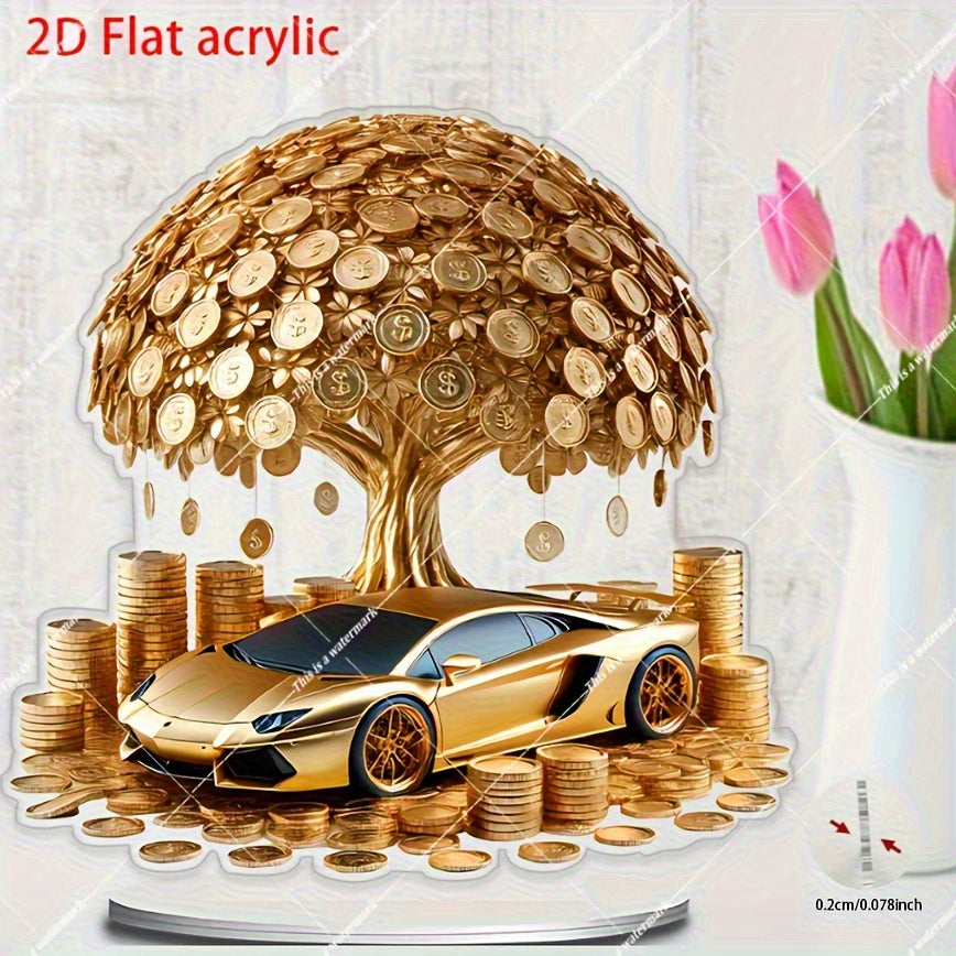 2D Flat, Money Tree in Golden Sports Car Decoration - Wealth & Prosperity Symbol with Coins, Acrylic Tabletop Decor for Home/Office, Luxury Car Interior Design, No Electricity Needed - Ideal Birthday/Chinese New Year/Lucky Ho
