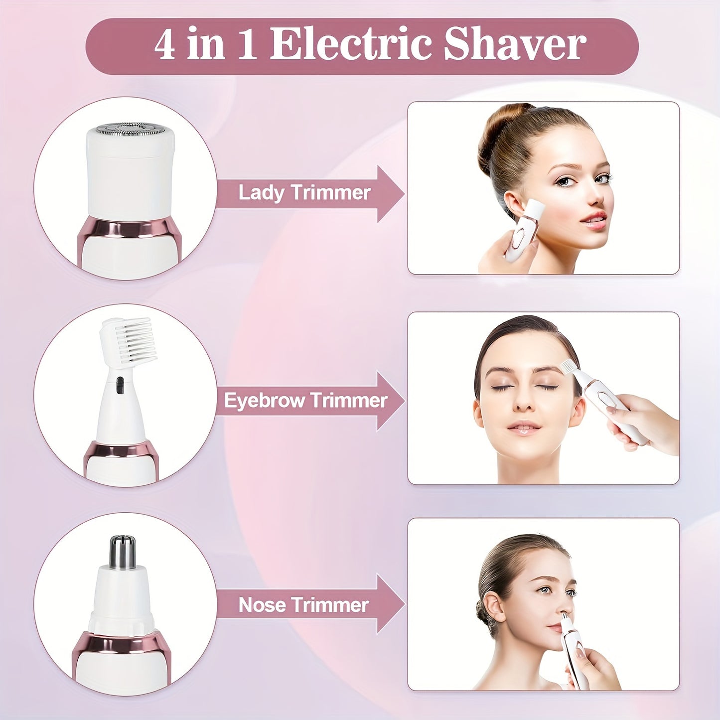 4-In-1 Set Women's Electric Hair Removal Device / Multifunctional Electric Hair Removal Kit for Women / Bikini Trimmer for Women / USB Rechargeable / Hair Removal for Eyebrows, Nose, Face, And Legs / Portable, Gentle, Perfect