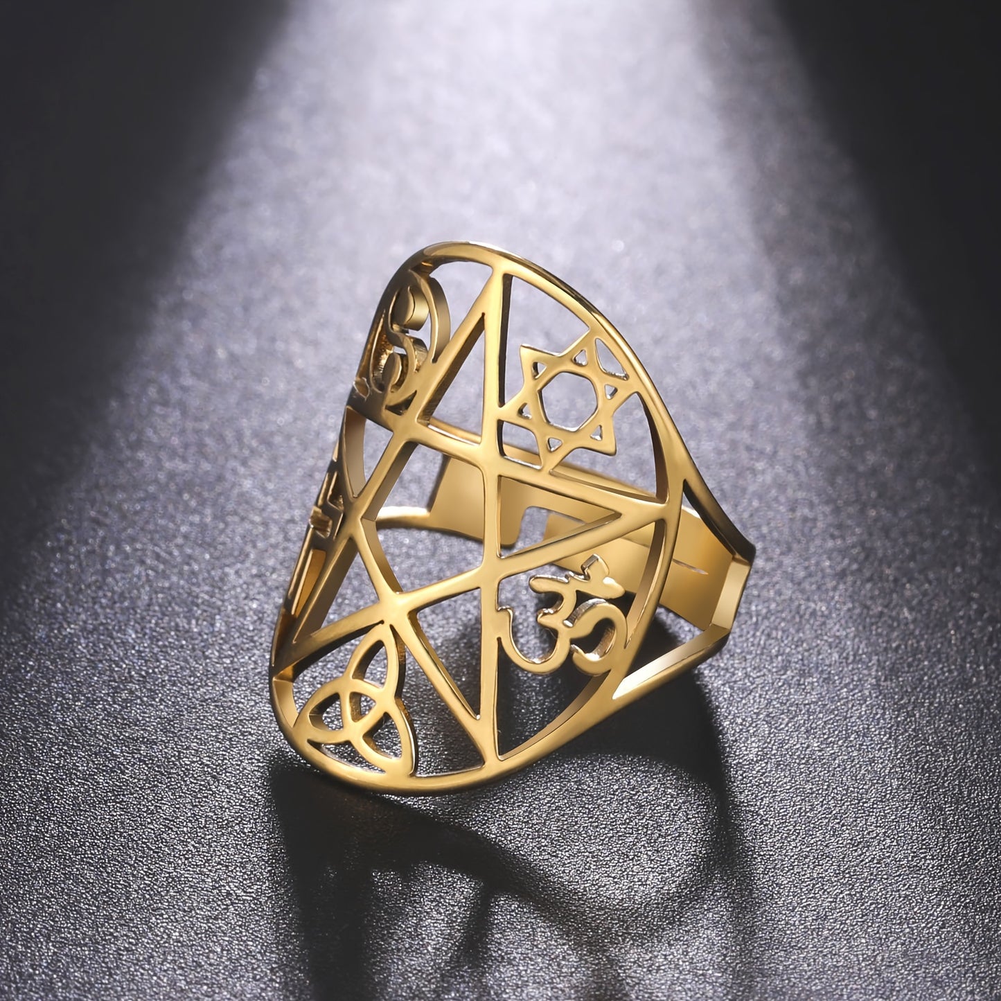 Boho Style Stainless Steel Ring, Women's Men's Pentagram & Celtic Knot Protection Signet, Triangular Cross Spiral Charm, Irish Jewelry Gift