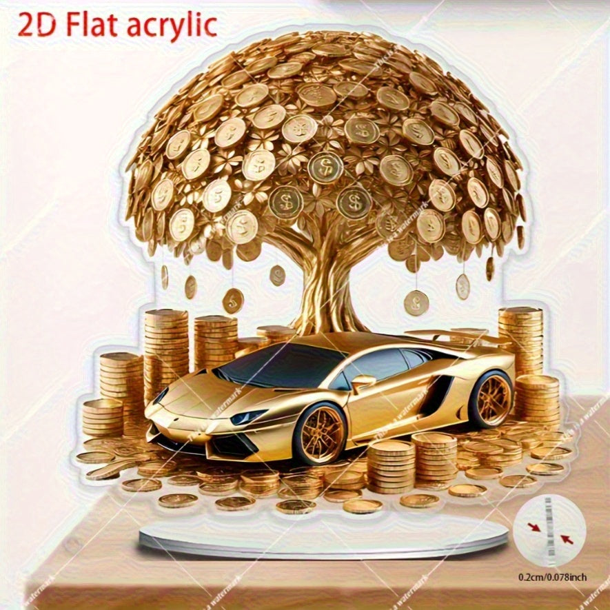 2D Flat, Money Tree in Golden Sports Car Decoration - Wealth & Prosperity Symbol with Coins, Acrylic Tabletop Decor for Home/Office, Luxury Car Interior Design, No Electricity Needed - Ideal Birthday/Chinese New Year/Lucky Ho