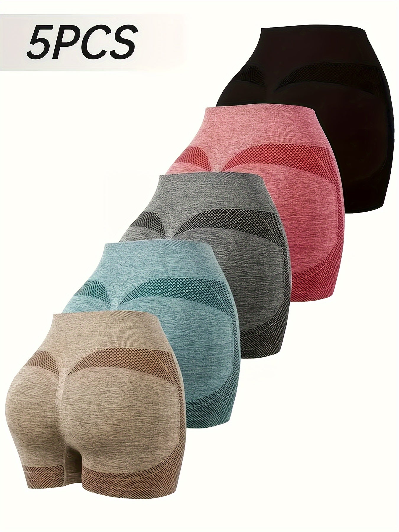 5 PCS Set Women's High-Waisted Yoga Shorts - Tummy Control Butt Lifting Underwear, Breathable Nylon/Elastane Blend Workout Leggings, Multi-Color (Pink/Black/Teal/Beige/Brown) - Gym, Pilates & Casual Attire
