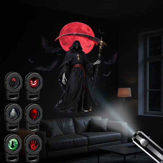 6 Patterns Lights Halloween LED Portable USB Light, Holiday Decorative Bedroom Ambiance Projection Lamp with Multiple Patterns: Grim Reaper, Ghosts, Witch, Skeleton, Suitable for Festive Gatherings, Dorms, Outdoor, Bars, Hall