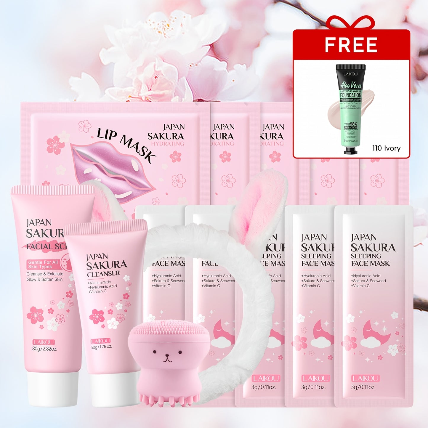 15PCS Set Japanese Sakura Facial Cleansing & Moisturizing with 5pcs Sleeping Mask, 5pcs Lip Mask, 50g Facial Wash, 80g Facial Scrub, Cute Hairband & Cleansing Brush, Gently Clean Skin, Free Gift Of Aloe Vera Foundation, Full