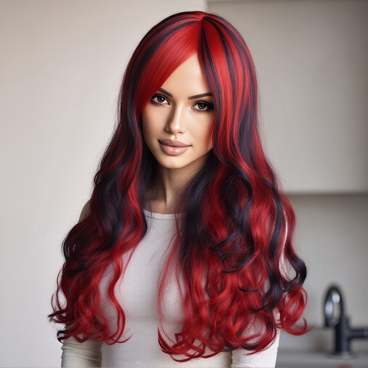 A 26-inch Red and Black Gradient Wig with Bangs is Suitable for Party Styling Wigs for Women