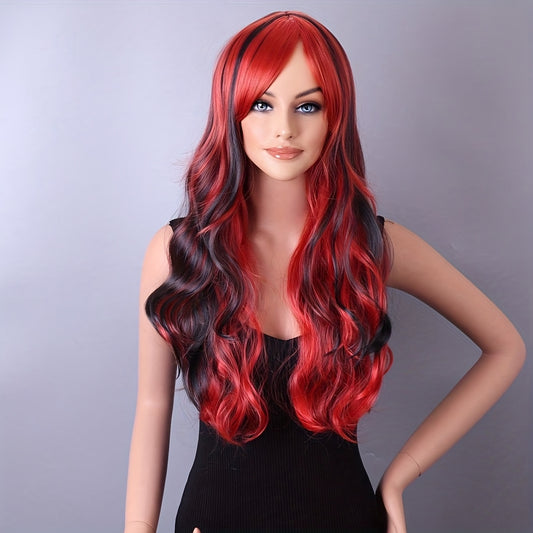 A 26-inch Red and Black Gradient Wig with Bangs is Suitable for Party Styling Wigs for Women