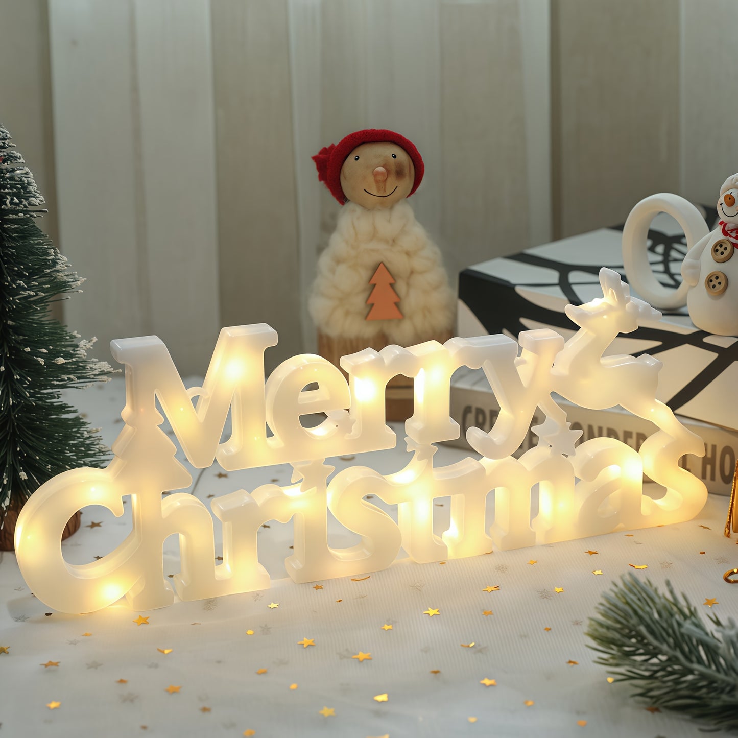 27.48 cm LED Christmas Lighted Garland with Illuminated "Merry Christmas" Letters, Snowflake & Bow Door Hanging Decoration - -in / Holiday Lights (No /Electrician-Free Setup) - Retro Winter Party