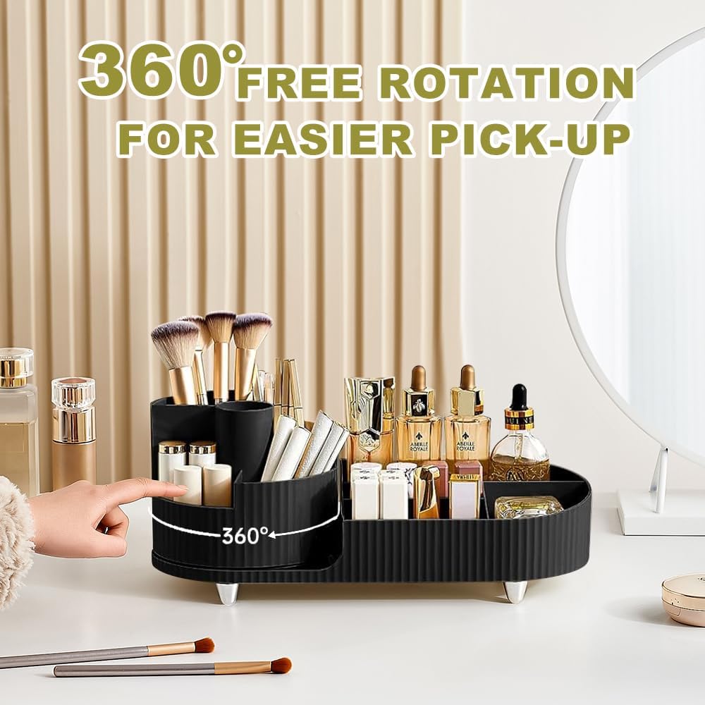 Black and White Color Rotating Makeup Organizer, 360°Rotating Large Capacity Brush Holder, Storage with Compartments for Vanity, Bathroom, Desk Container, Cosmetic Display Cases