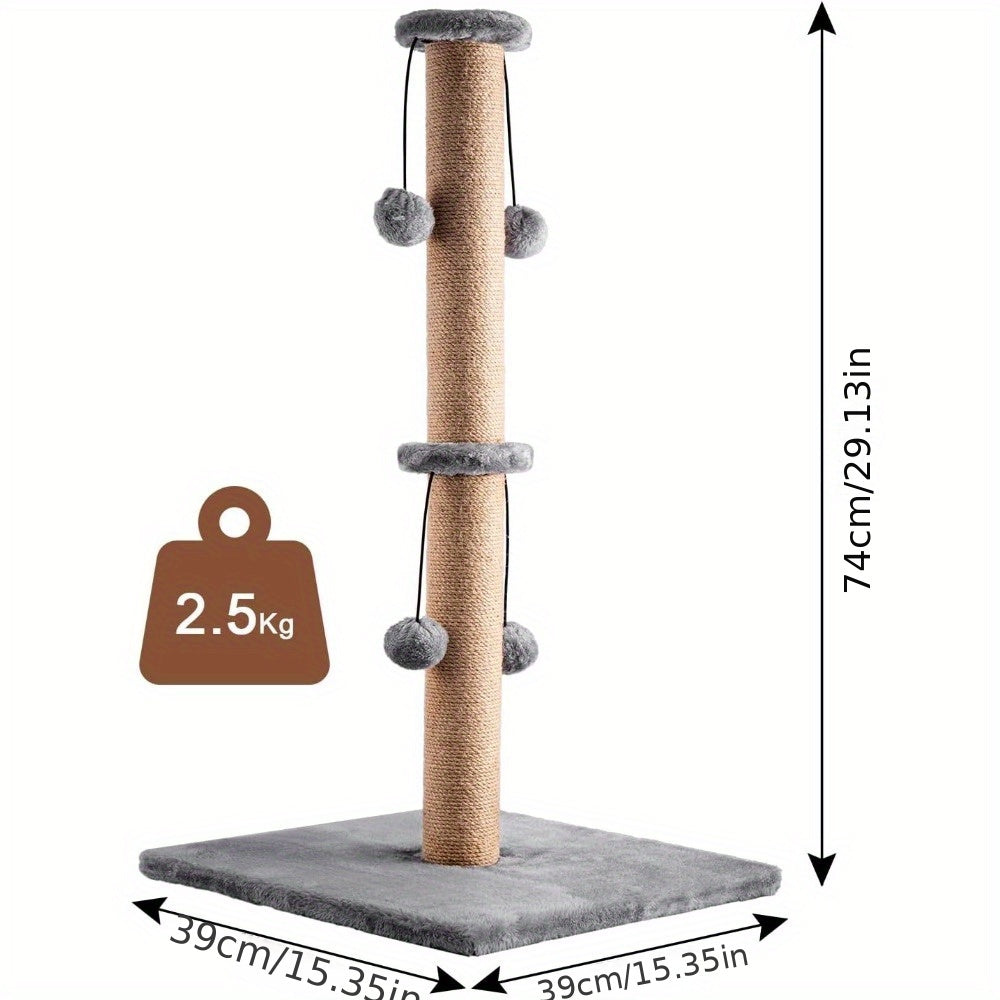 Cat Scratching Post 74cm Foldable Bottom Tall Cat Claw Scratcher with 4 Toy Ball Natural Sisal Scratch Pole and Soft Carpet Covered Heavy Base Modern Stable Design for Cats Gray