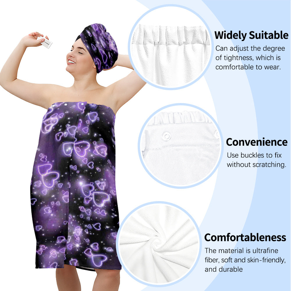 2 PCS Set Hair Turban +  S-4X Large Bathrobe with Purple Heart Pattern, Featuring a Dreamy Romantic Style Matching Headscarf, Soft, Comfortable and Soft for Bathing, Women's Wearable Bathrobe Towel