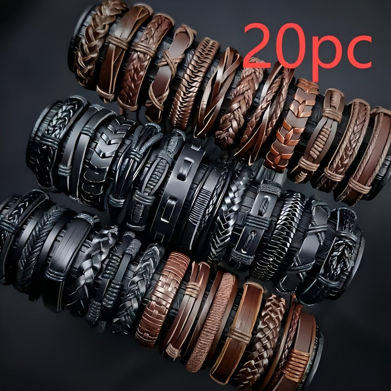 20pcs Handwoven PU Leather Bracelet Set Suitable for Men - Adjustable Retro Bracelets, Handmade for - Wear, Christmas/Halloween/Thanksgiving Gifts (20 Bracelets for Parties, Daily Use & Gifting)