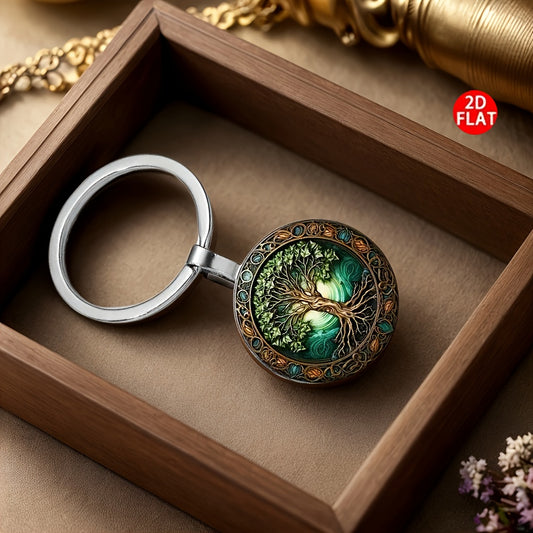 2D Flat, Tree of Life Pendant - Vintage Green & Golden Tree of Knowledge/Strength/Abundance Charm, 2D Flat Keychain/Bag/Car Mirror Decoration, Durable Metal-like Texture for Women's Jewelry, Luggage & Home Decor - Elegant Gif