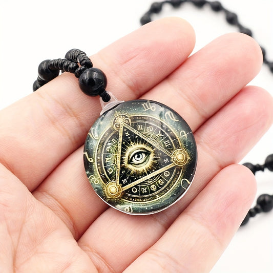 Women Men's Illuminati's Eye of Horus Round Pendant Long Chain Necklace, Glass Beads Rosary Ancient Egyptian Amulet Necklace - Religious Gift