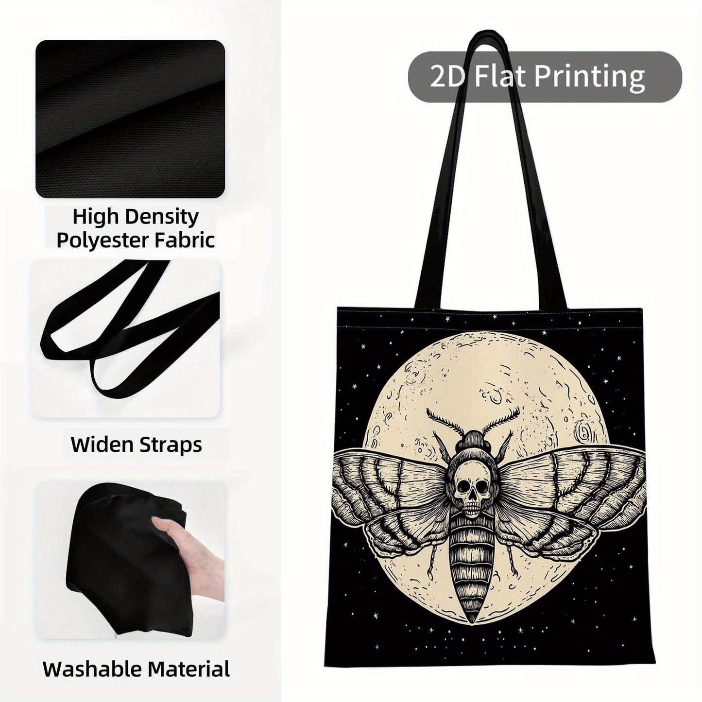 Gothic Moth & Skull Women's Tote Bag - Reusable Machine-Washable Lightweight Handbag with Moth Skull Moon Print, Casual Multifunctional Purse for Daily Use, Parties, Shopping