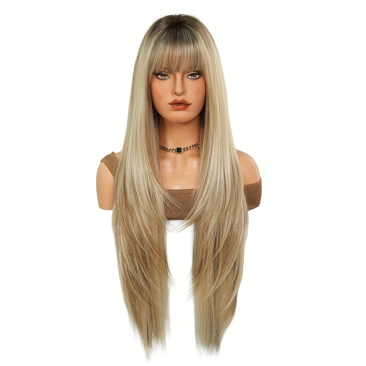 Long Straight Heat-Resistant Synthetic Wig with Dark Brown Roots - 150% Density Rose Net Cap, 86.36cm Elegant Party & Daily Use Wig for Women, Natural Look for Everyday & Special Occasions, Versatile Hairpiece, Sleek Hairpiec