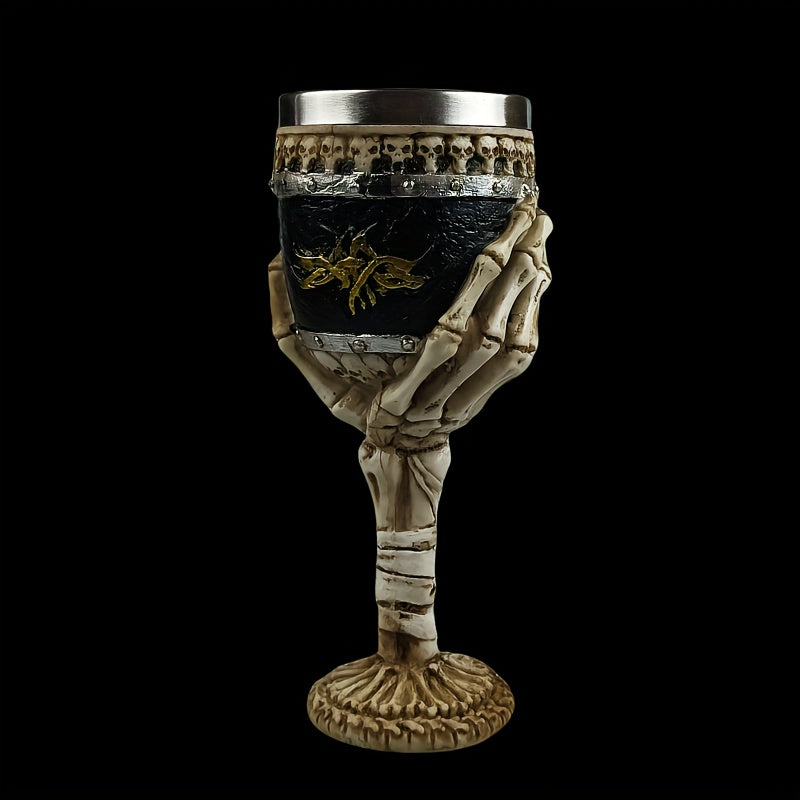 Secret Society Ceremonies Creative Skull Hand Goblet, 200ml Gothic Ossuary Palm Skull Skeletal Bones Armor Wine Cup Resin Body Stainless Steel Goblet Drinking Cup Party Drinkware Halloween