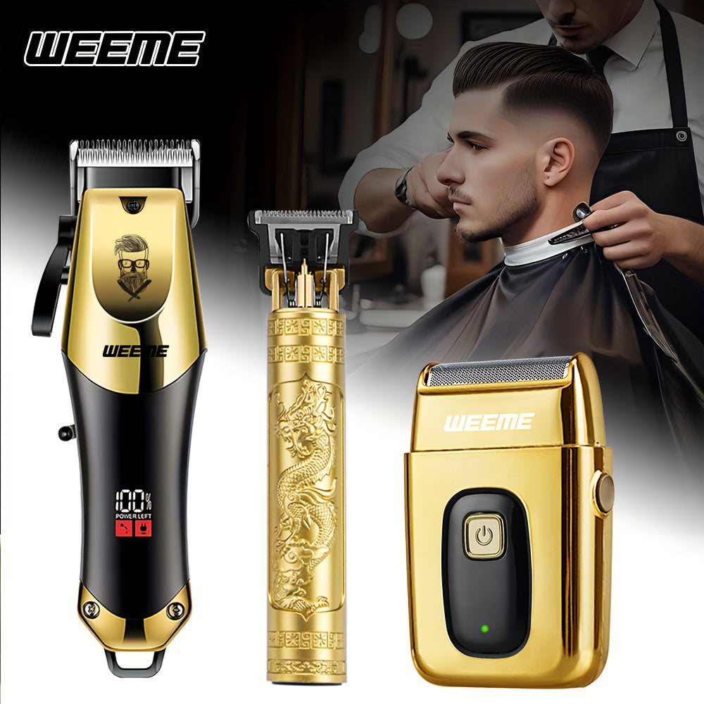 3pcs Men's electric hairdresser set, hairdresser hairdresser set, household electric hairdresser set, USB charging electric hairdresser, alloy knife head, LCD display, carving shape, household car travel use, Father's Day gi