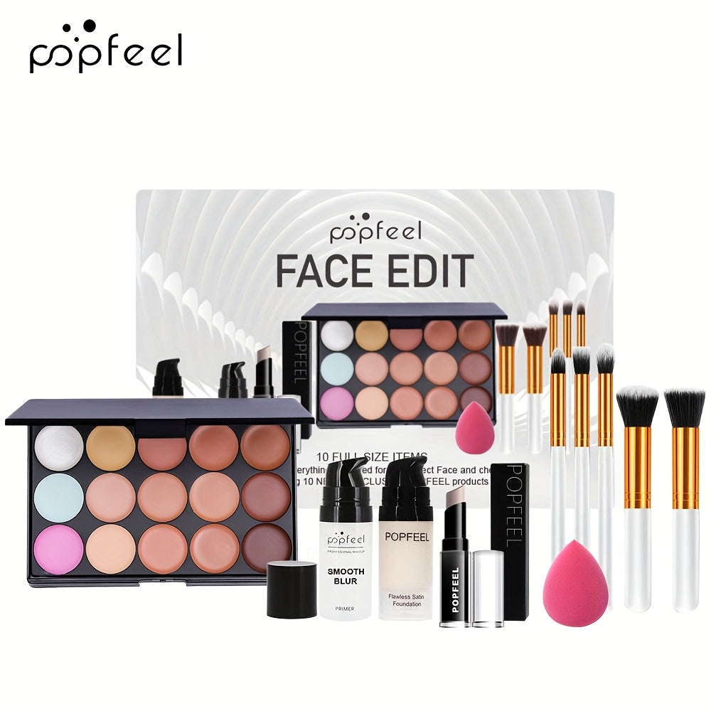 Complete Face Makeup Kit with Face Edit Palette - Waterproof & Sweatproof Long-Lasting Full Coverage, 12-in-1 All-in-One Palette with Primer, Foundation, Concealer, Powder, Blush, Contour, Highlighter, Bronzer, Eyeshadow, Li