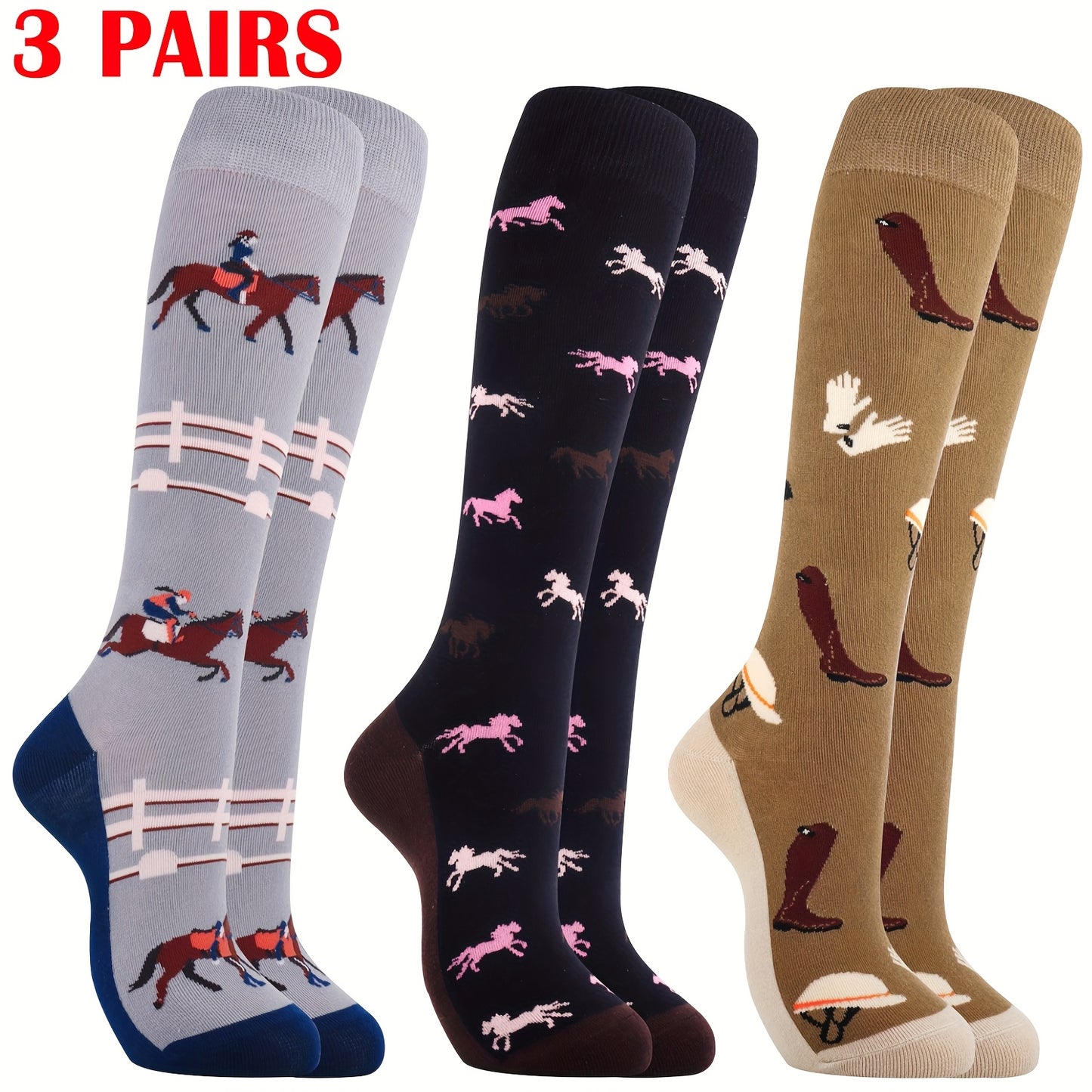 3 Pairs Set Horse Riding Knee-High Socks - Equestrian-Themed with Horses, Jockeys & Western Cowgirl Boots Print - One Size Fits 6-9/ 6-9/EU 39-42 - Soft Durable Novelty Gift for,, Moms & Horse, for Teenager
