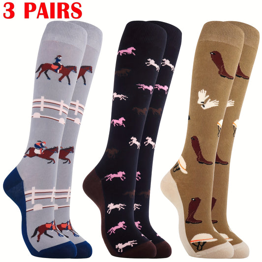 3 Pairs Set Horse Riding Knee-High Socks - Equestrian-Themed with Horses, Jockeys & Western Cowgirl Boots Print - One Size Fits 6-9/ 6-9/EU 39-42 - Soft Durable Novelty Gift for,, Moms & Horse, for Teenager