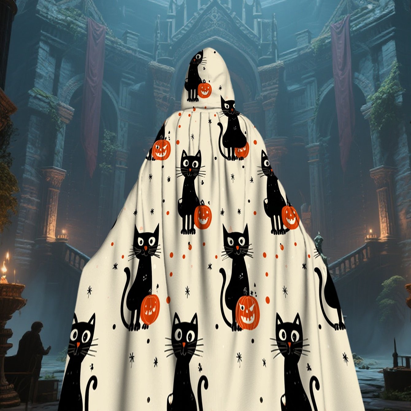 All-Season Witchcraft Halloween Hooded Cape Costume - Black & White Print with Witch Hat, Loose-Fit Witch/ Costume Accessory for, Machine Washable (Halloween Party Outfit, Carnival Cosplay Masquerade)
