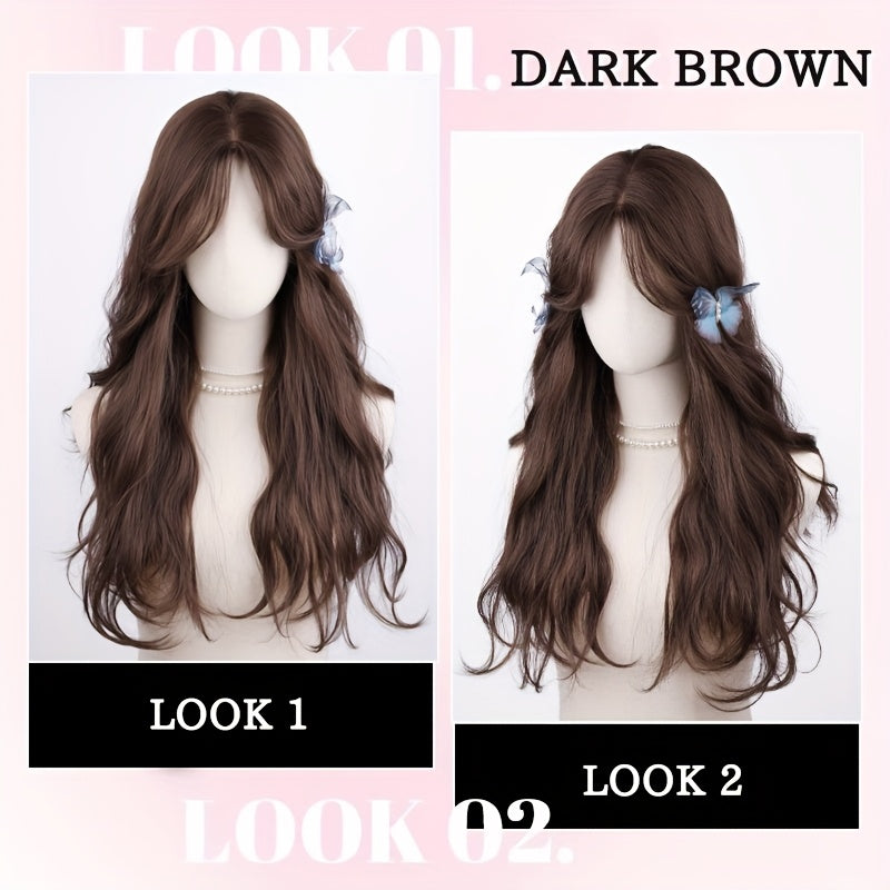 NEW Arrivals 66.04cm Long Brown Curly Wig with Bangs for Women - High-Temperature Fiber, Voluminous Waves for Everyday, Party & Event Styling