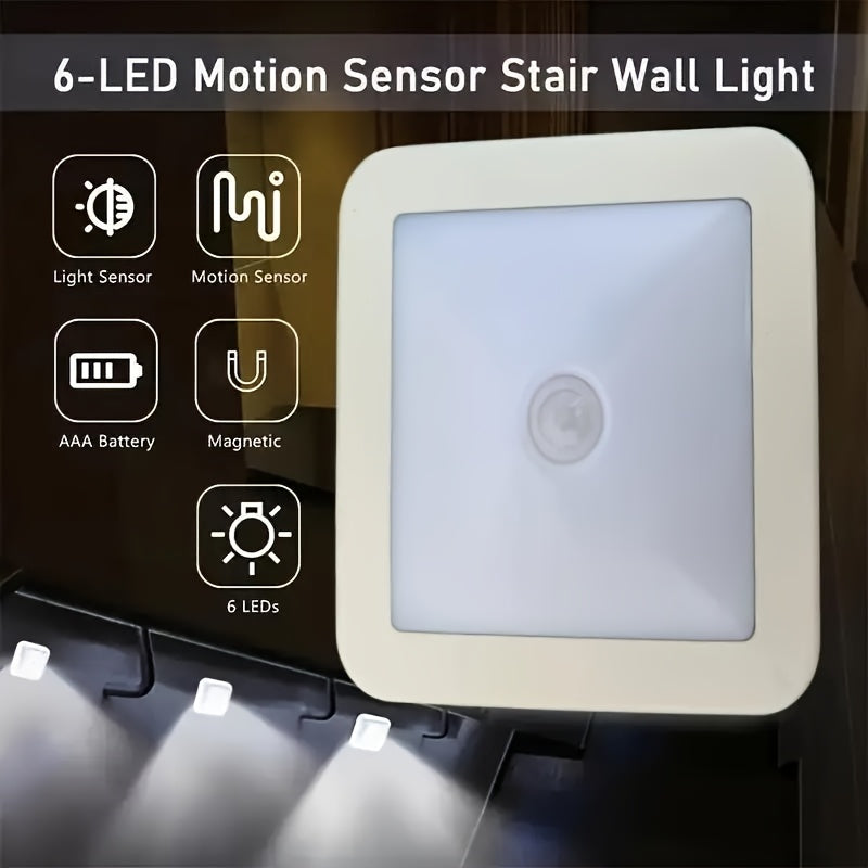 Smart Motion Sensor 6-LED Floor/Ceiling/Wall Light - Wireless, IP44, Auto On/Off, Energy Saving, Plug-and-Play Installation, Modern Square Design. Suitable for Hallways, Stairs, Living Rooms, Bedrooms (Batteries Not Included)
