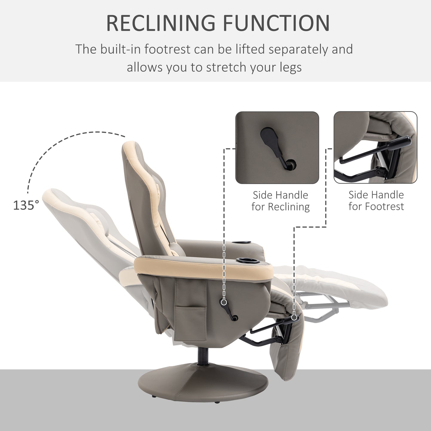 Manual Reclining Gaming Chair, Swivel Racing Video Gaming Recliner with Footrest, Headrest and Cup Holder, PU Leather Armchair with Storage Pocket, Grey