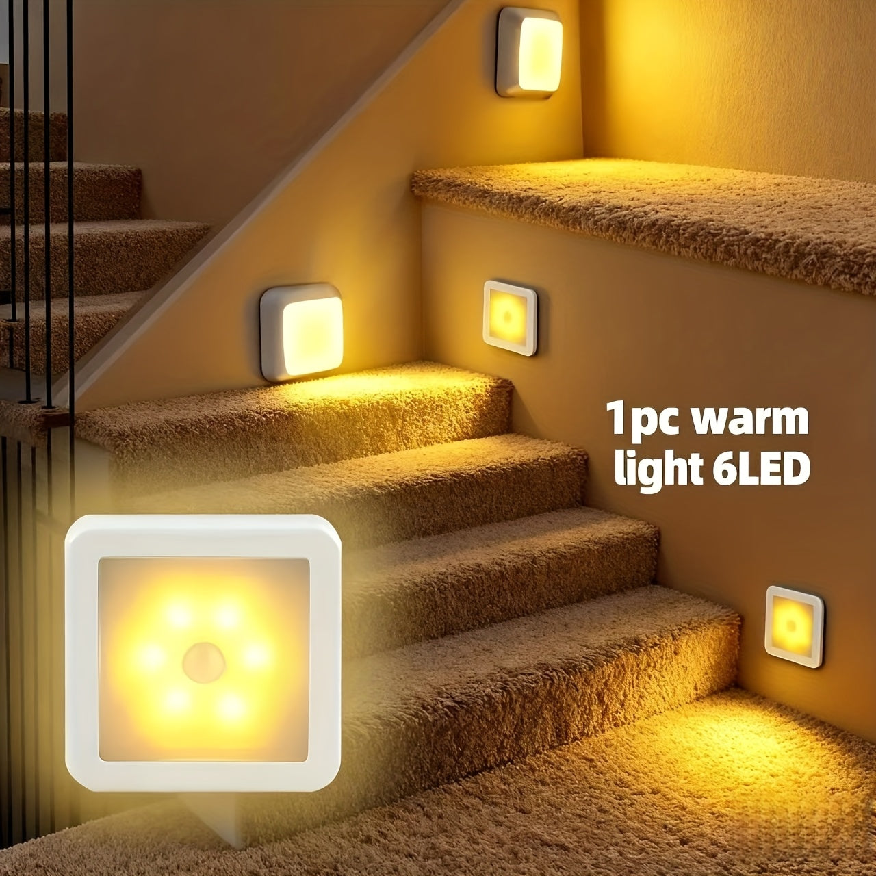 Smart Motion Sensor 6-LED Floor/Ceiling/Wall Light - Wireless, IP44, Auto On/Off, Energy Saving, Plug-and-Play Installation, Modern Square Design. Suitable for Hallways, Stairs, Living Rooms, Bedrooms (Batteries Not Included)
