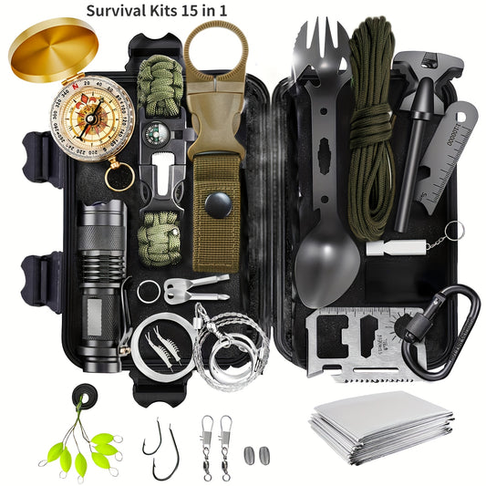 1 Set Emergency Survival Tool Kit Without Battery 15-in-1 Camping Accessories Tactical Equipment Camping Hiking Travel Hunting Bushcraft Mountain Climbing Adventures Kayak Tools Sets