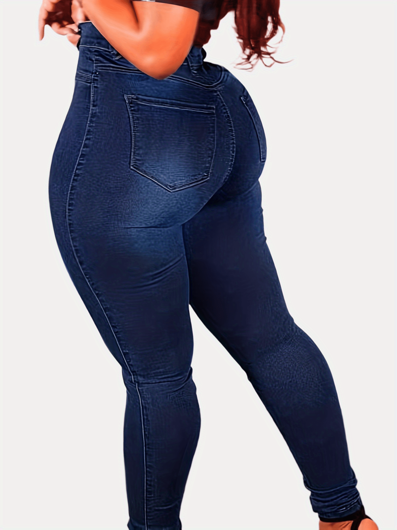 For Big Girls XL-4XL Plus Size Curvy Women's Blue Stretch Denim Long Blue Jean Pants, High-Waist Washed Stretch Jeans with Slant Pockets and Solid Buttons Female Streetwear Casual Clothing Supplies