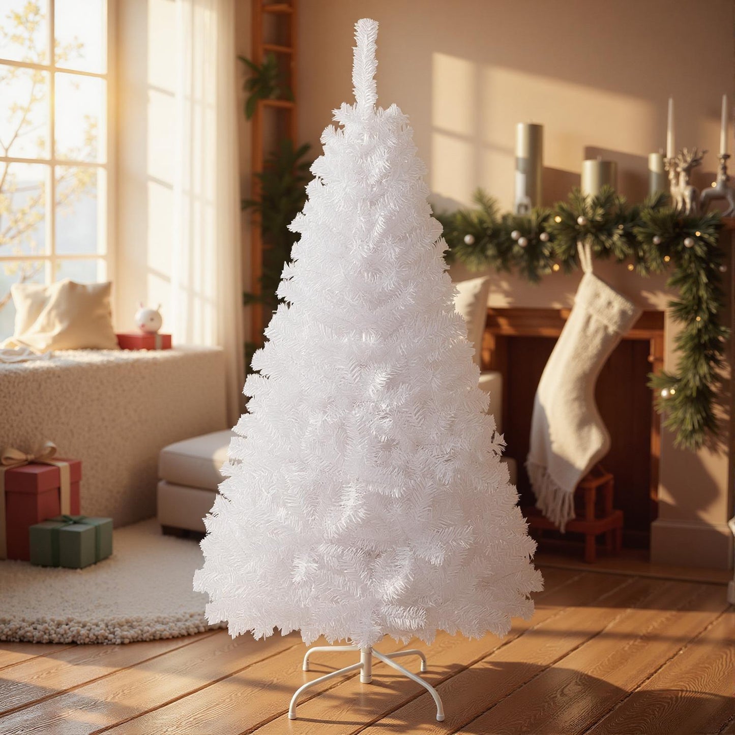 5FT Christmas Tree, Artificial Xmas Decoration Tree with 350 PVC Branch Tips & Metal Stand, Dreamy Holiday Festive Celebration Tree for Home, Office & Shop, Quick Setup, White