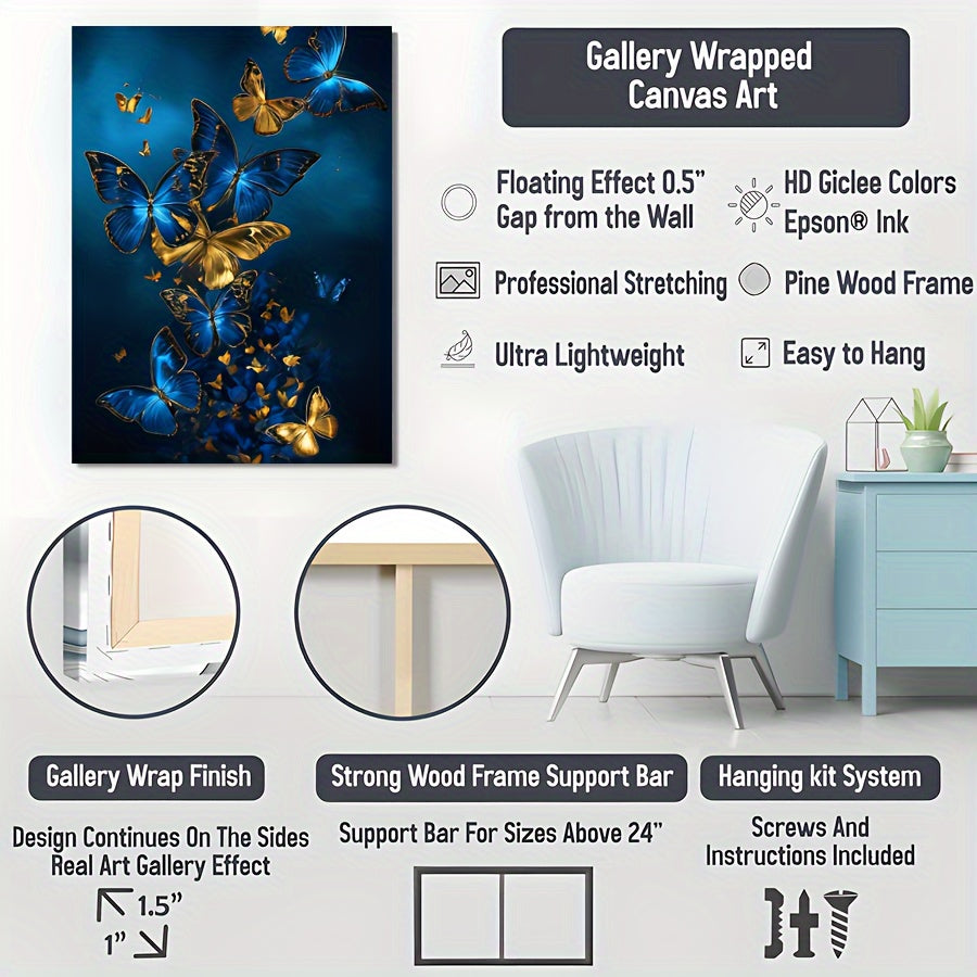 3pcs Navy Blue, Golden & Turquoise Butterfly Canvas Wall Art Set - Modern Abstract Minimalist Wrapped Canvas Paintings with Deep Blue & Golden Hues, Large Wall Decor for Living Room, Bedroom, Bathroom - Indoor Hanging Decorat