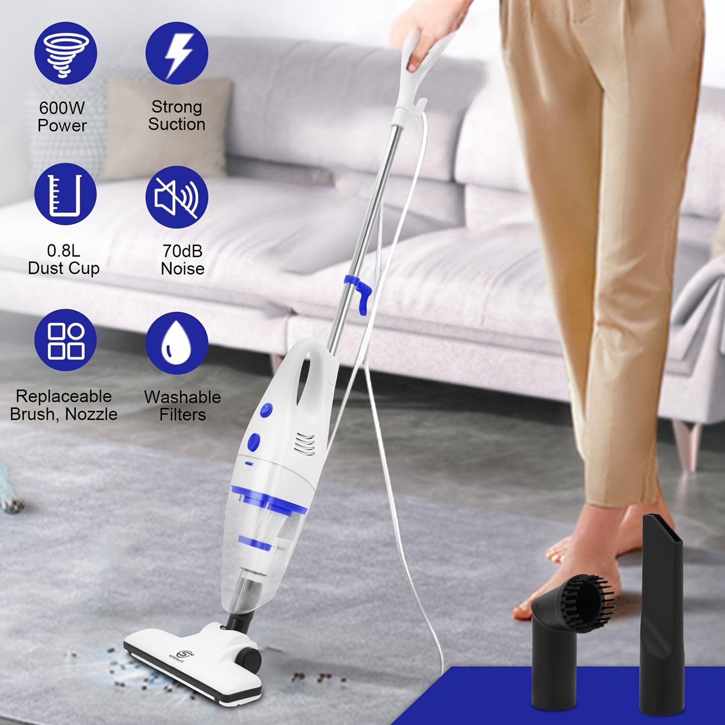 NEW Arrivals 600W Vacuum Cleaner with Cable 4-in-1 Upright Bagless Vacuum, Hand-Held Stick Vacuum Cleaner 16Kpa Suction with HEPA Filter for Animal Hair, Carpet, Rugs, Floor Home Cleaning Supplies