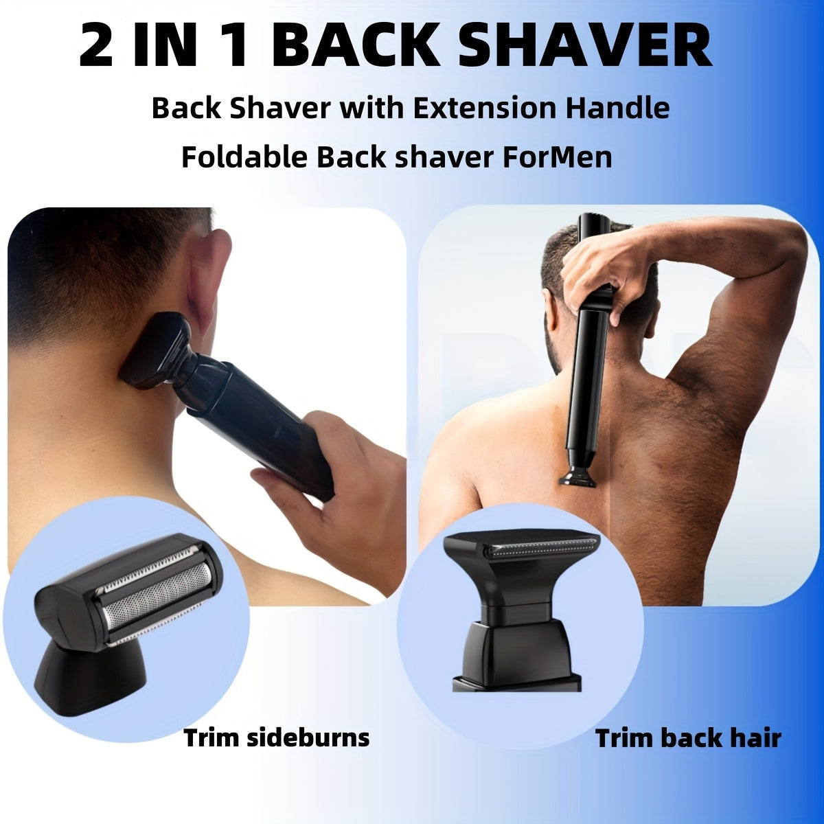 Men's Long-Handled Back Shaver with Facial Razor, Body Shaver with 2 Shock-Absorbing Elastic Heads and Adjustable Curved Handle - A Gift for Husband or Boyfriend