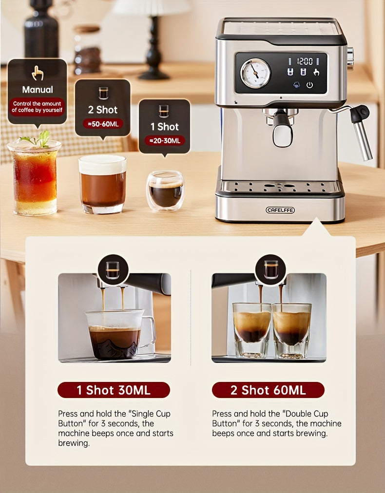 Italian Semi-Automatic Espresso Machine with Built-in Milk Frother & Steam Wand, 20 Bar Pump Stainless Steel Coffee Maker for Latte, Cappuccino, Americano, 1.5L Detachable Water Tank, Smart Touch Panel, Programmable Settings,