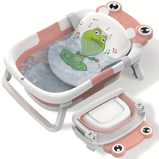 Collapsible Baby Bathtub for Infants, Essential for Newborns, Featuring a Portable Design with an Adorable Frog-Patterned Headrest. It Is Important That Children Are Supervised While Using It. This Travel-Friendly Bathtub Is