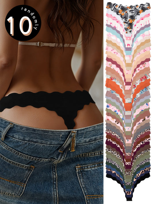 10-PCS Set Low-Rise Seamless Thong Underwear - Soft Breathable Quick-Dry V-String Panties with Leopard Print, Floral & Solid Colors (Pink/Taupe/Beige) - Bulk Pack for Everyday, Nude Multipack