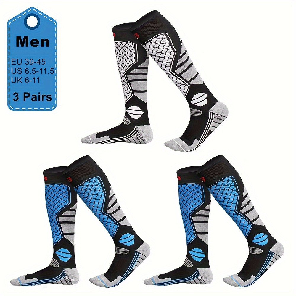 3 Pairs Men's Winter Thick Warm Breathable Hiking Ice Skating Skiing Knee-High Outdoor Sports Socks - EU 39-45, US 6.5-11.5, UK 6-11
