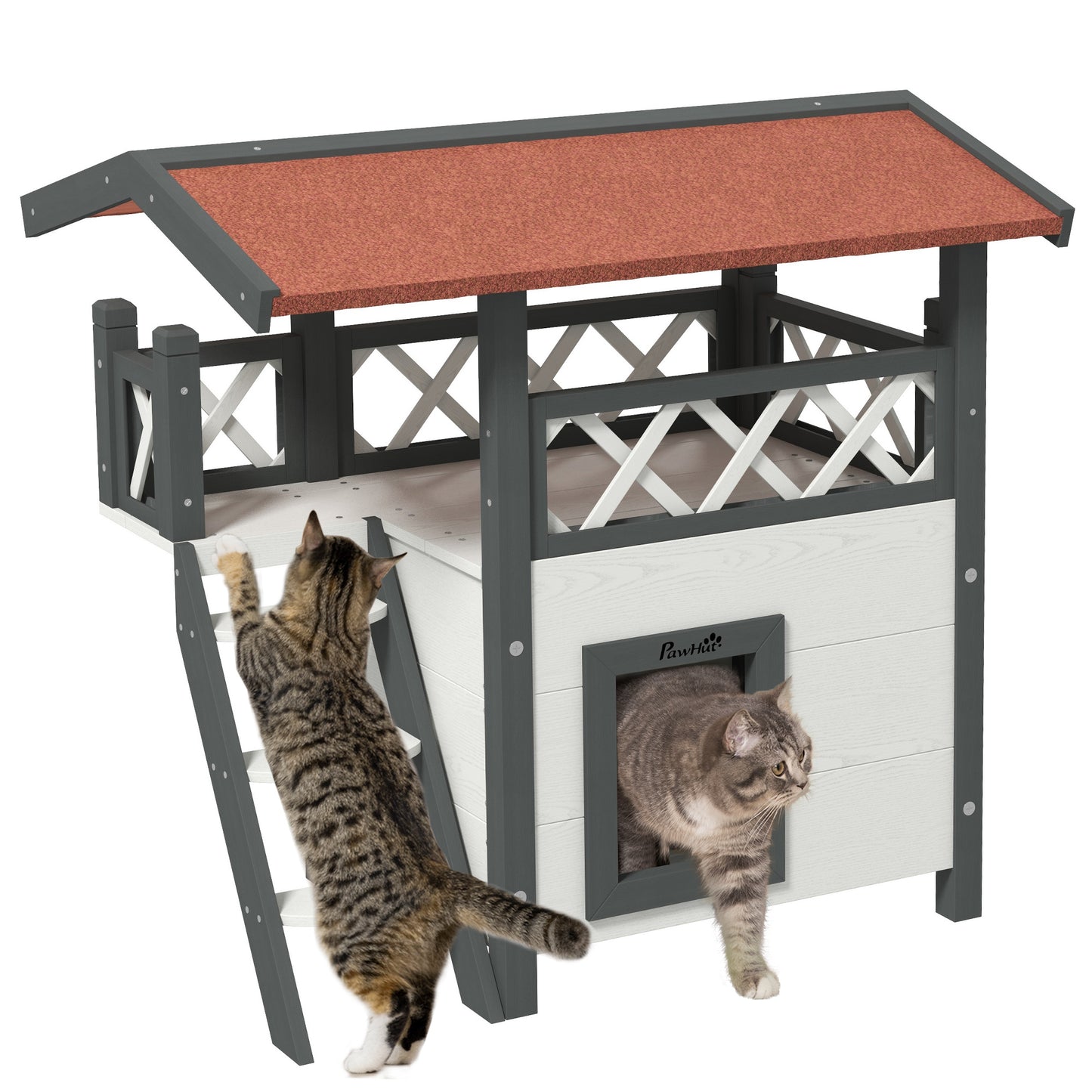 Outdoor Cat House Kitten Shelter Puppy Kennel with Balcony Stairs Asphalt Roof, 77 x 50 x 73 cm