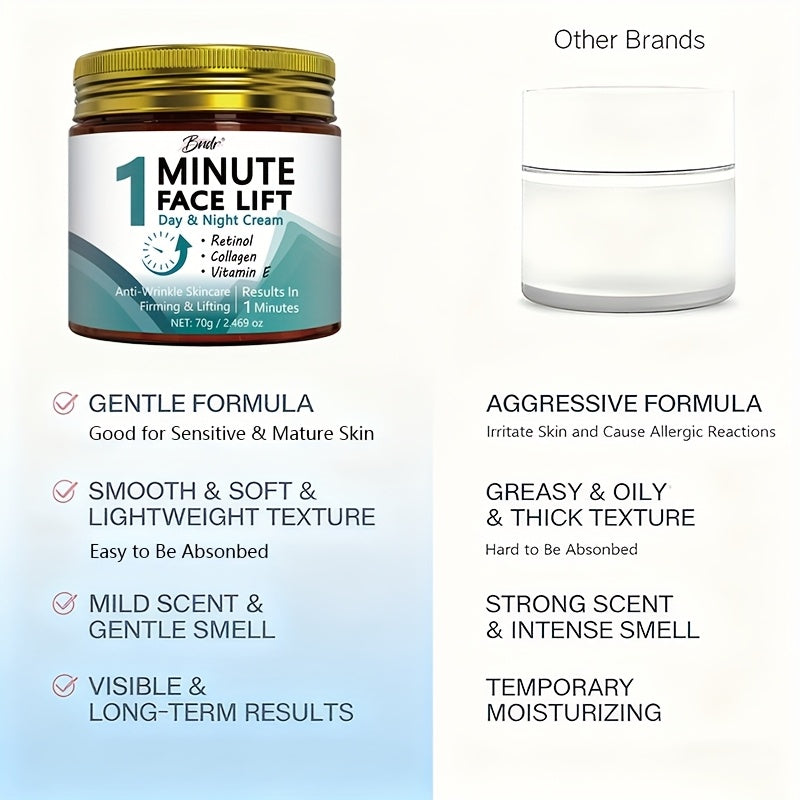 70g 1-minute Facial Lift Cream, Containing Vitamin C, Hyaluronic Acid, Collagen, Nicotinamide-Lift and Smooth Formula, Suitable for All Skin, Smooth Jar Design, Small and Portable.