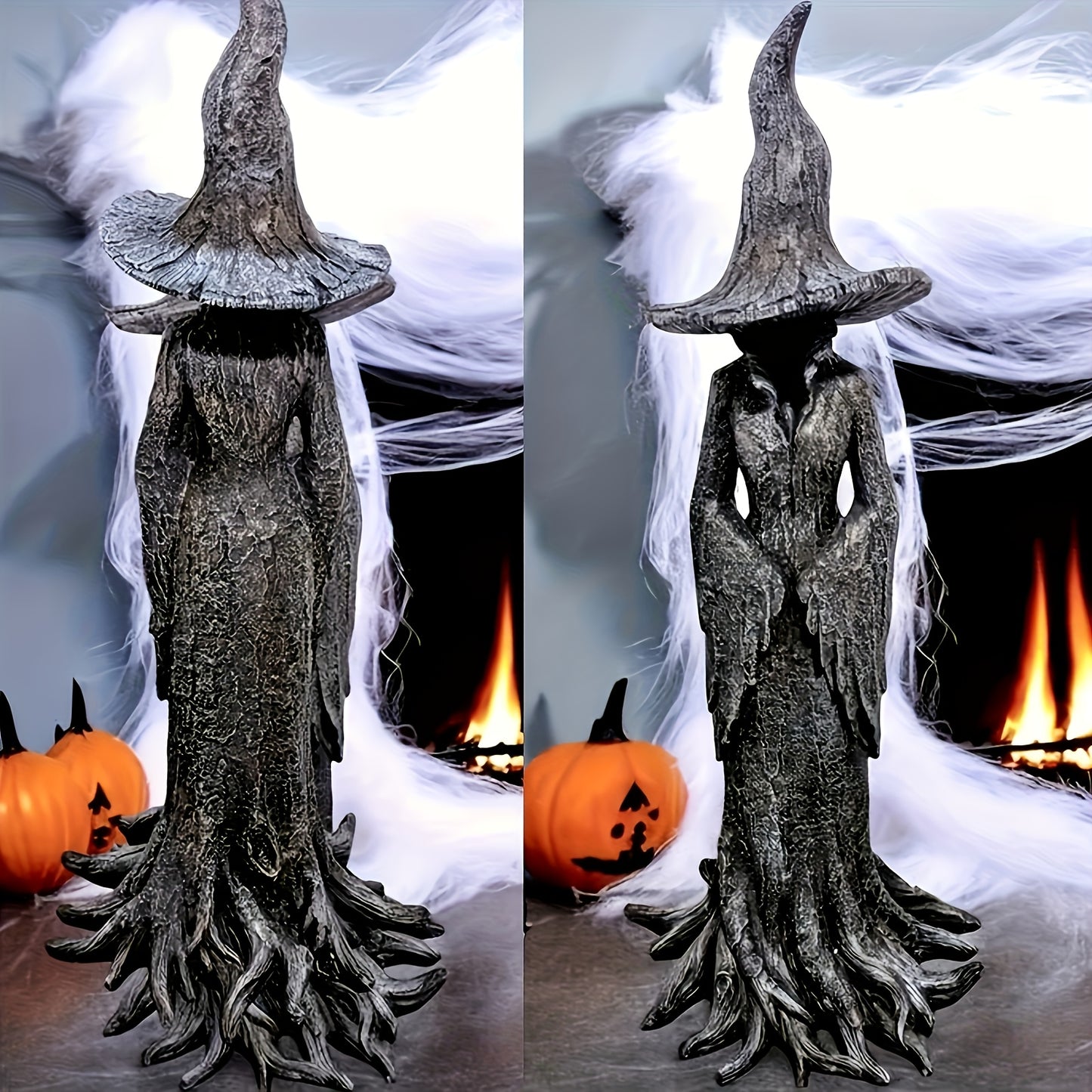 Large Gothic Witch Statue - Hand-Painted Resin with Black Hat & Cauldron, Indoor/Outdoor Spooky Home Party Decoration, Year-Round Collectible Gift