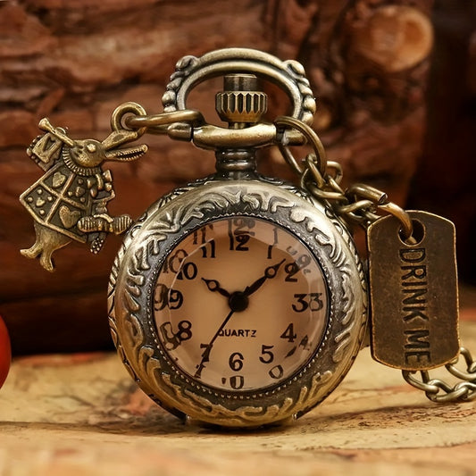 Vintage Bronze Quartz Pocket Watch For Women, Retro Alloy Case, With Rabbit And Tag, Gift For Men And Women