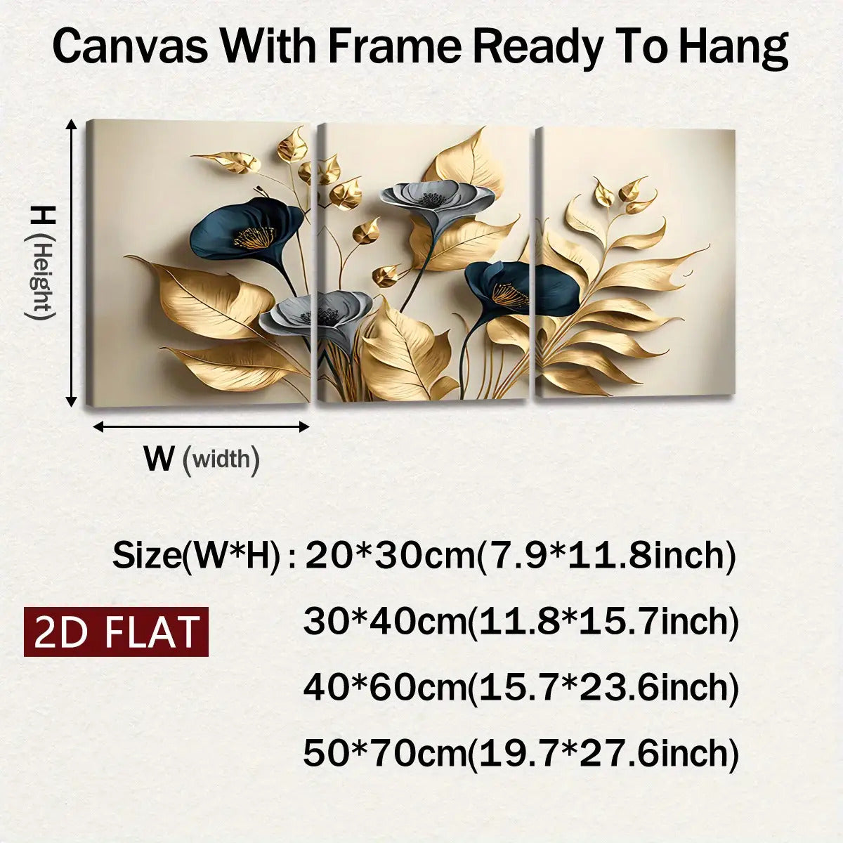 [2D Flat] Three Wooden Frame Canvas Wall Art - Modern Abstract Design Featuring Golden Leaves And Flowers, High-Definition 8K Odorless Indoor Wall Decoration, Suitable for Living Rooms, Bedrooms, And Offices - Contemporary Ho