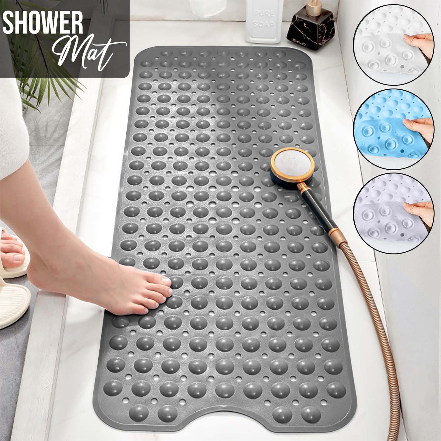 Large Shower Mat – Light Blue/Crystal/White Color Non-Slip, Strong Suction Cups & Drain Holes, Quick-Dry, Machine Washable, Durable & Comfortable for Bathtub and Bathroom Floor Use