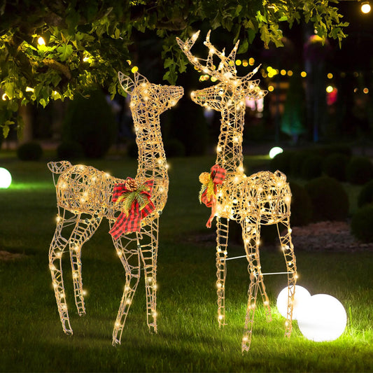 2pcs Large Lighted Reindeer Family Christmas Deer Set with 200 LED Lights - Outdoor/Indoor Display, Metal Frame with Ground Stakes, Plug-in ( Plug), for front Lawn, Garden, Patio - Holiday Decoration Set