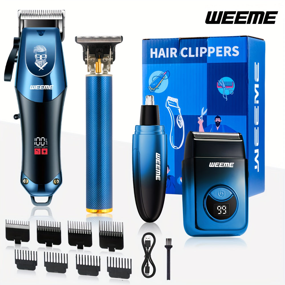 4 PCS Set Men's electric hair clipper, nose hair clipper, shaver set - wireless USB charging professional hair clipper set with lithium battery - his ideal gift, hair accessories | modern hair clipper tools | fashionable blue