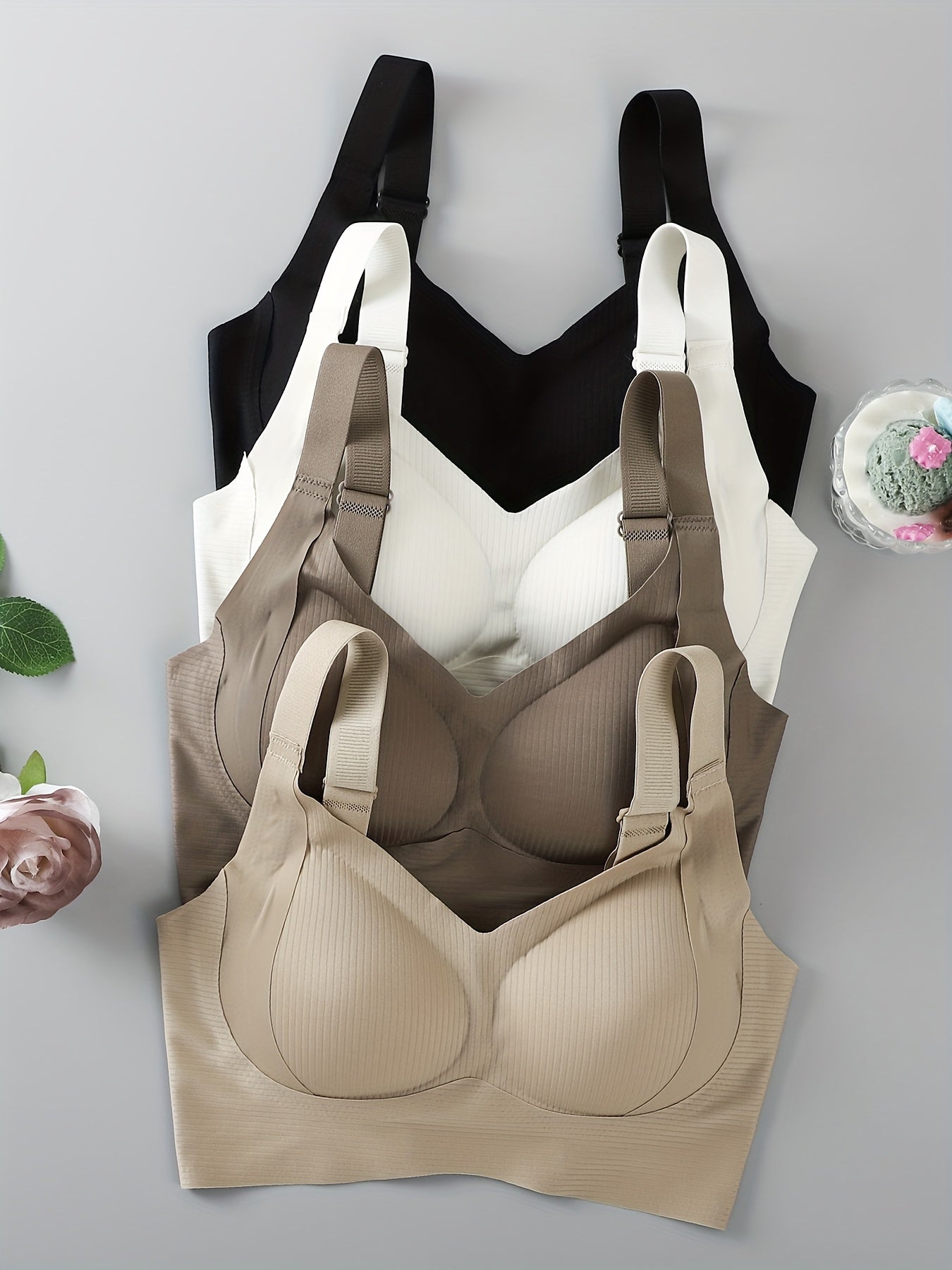 4 PCS Set S-2XL Plus Size Women's Seamless Comfort Sports Bras, Wire-Free Breathable Supportive Striped Ribbed Design with Adjustable Straps and Back Closure for Lifting Uplift Gathering No Show Underwire Tank Top Bra