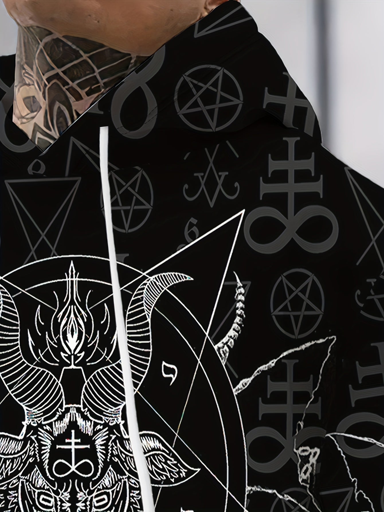 Secret Society Gothic Men's Plus Size Casual Hooded Sweatshirt with Sheep Head and Pentagram Pattern, Fashionable Trendy Long Sleeve Pullover Jacket