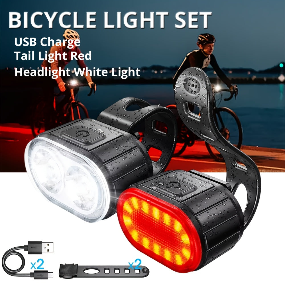 2 PCS Set Bike lights, Complete Set Of Bike lights, White Light Headlight lighting, Red Light Taillight lighting, USB Rechargeable Portable Since The headlight, Bike Tail light, Suitable for Outdoor cycling, Rainy Day Night L
