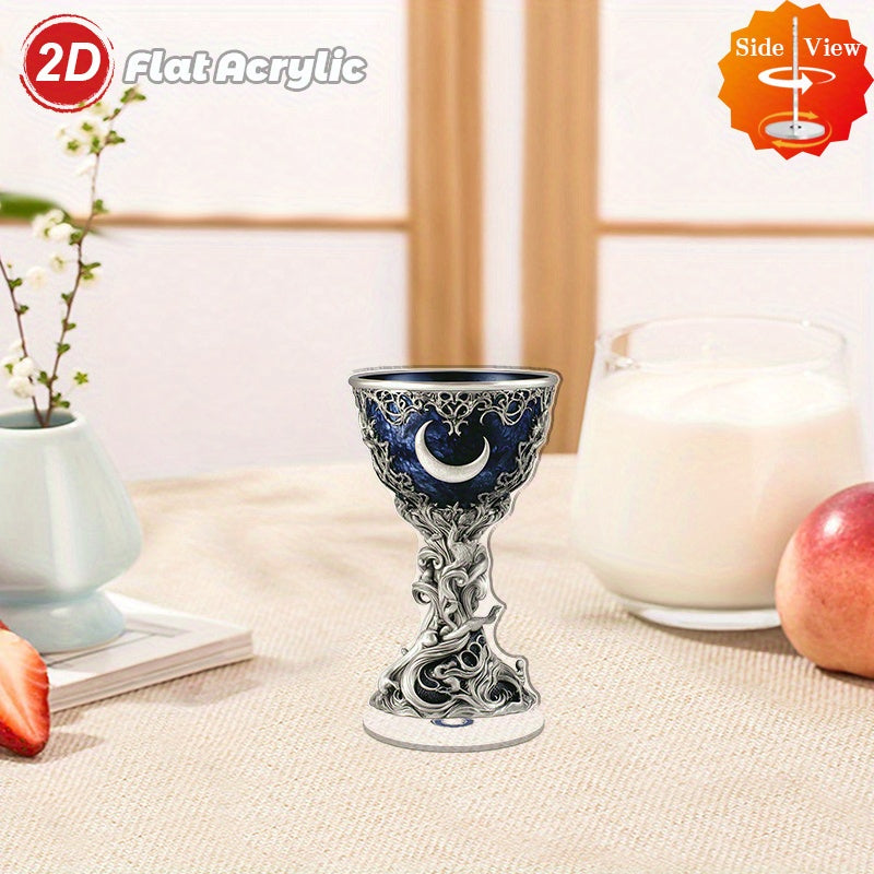 2D Flat Spinning Acrylic Tabletop Decor Featuring A Mystical Chalice Secret Society Sacred Ceremonies with Azure Interior And Silvery Filigree for Enchanting Home Or Office Settings
